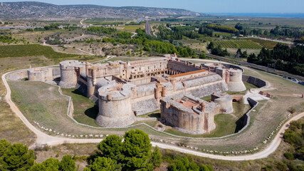 Aerial view of the Catalan fortress Fort de Salses in the South of France - Medieval castle in...