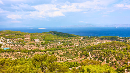View of Aegina Island next to Agia Marina, Saronic Islands, Greece. Greek panoramic landscape
