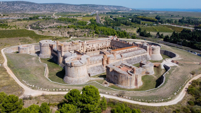 Aerial view of the Catalan fortress Fort de Salses in the South of France - Medieval castle in Salses le Château built by the Catalans at the end of the 15th century
