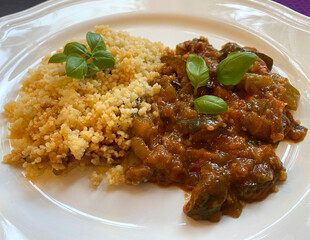Mediterranean Ratatouille vegetables with couscous. Vegetarian and healthy food concept.