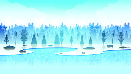 Abstract Winter Background With Trees Forest Clouds Snowflake Lake Vetor Design Style Nature Landscape