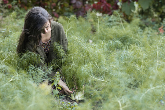 Gardener With Basket Walking Through Field