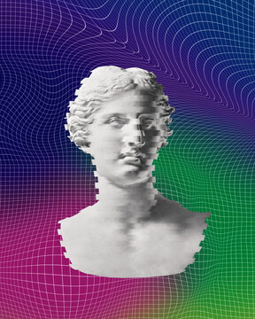 Plaster statue on glitch 3d surface.