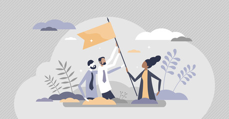 Teamwork as business partnership team with female help tiny persons concept