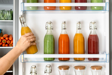 Fruit juices stored in a fridge