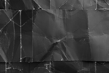 Grunge texture of black crumpled paper with a cut stripe superimposed on top close-up.
