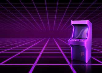 Arcade games cabinet in a new retro wave. A 3D illustration background with copy space