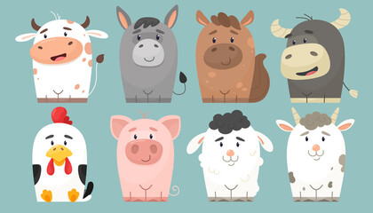 Cute collection of farm animals. Vector characters in flat cartoon style. Cheerful cow, donkey, horse, bull, rooster, pig, ram, goat.