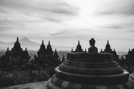 ancient borobudur temple at colorful sunrise black and white
