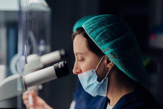 Biologist working on microscope in IVF laboratory