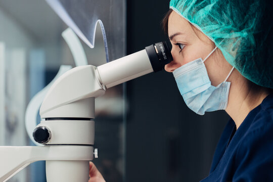 Biologist working on microscope in IVF laboratory