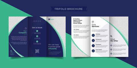 Corporate business trifold brochure template. Modern, Creative and Professional tri fold brochure vector design. Simple and minimalist promotion layout with blue and green color.