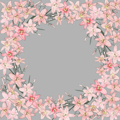 Floral frame with light pink lilies on gray background. Design for your wedding, birthday, saving the date card. For greeting card decoration. Vector.