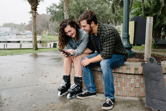Young couple with mobile device