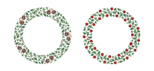 Two round frames of garlic, tomatoes and green basil, isolated on white. Watercolour illustration. For cards, invitations, recipe, menu, cookbook, stationery and packaging design.