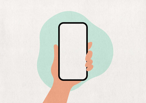Hand holding a phone on a mint paper background
