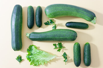 Fresh green vegetables knolling. Healthy vegan food. Top view.