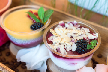 beautuful desserts on a wooden tray