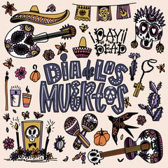 Day of the Dead, Dia de los Muertos big set elements for Mexican fiesta, holiday posters, Halloween, party flyers. Vector illustration