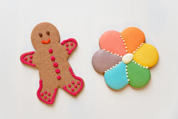 Cookies on white wooden background, handmade decoration