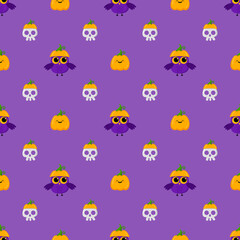 Obraz premium Halloween cute pumpkins vector pattern with owls, skulls in cartoon style. Kawaii. Trick or treat. Holiday symbols. Funny illustration. For fabric, textile, postcards, posters, backgrounds papers.