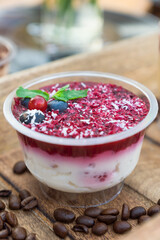 vegans dessert of beet, soy milk and jam.