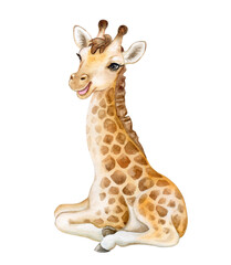 Cute giraffe cub isolated on white background. Giraffe baby. African animals. Safari. Illustration. Template. Hand drawn. Greeting card design. Clipart. © Yuliia