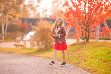 Fototapeta premium Adorable little girl at beautiful autumn day outdoors