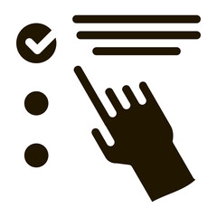 Hand Touch Check List Approved Mark glyph icon . Approved Sign On Document File, Protection Shield And Opened Carton Box Pictogram. Monochrome Illustration