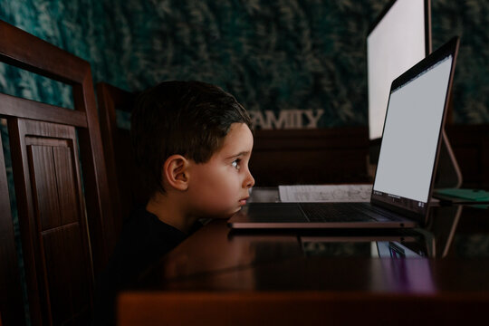Mother working at home while her bored son look at laptop screen