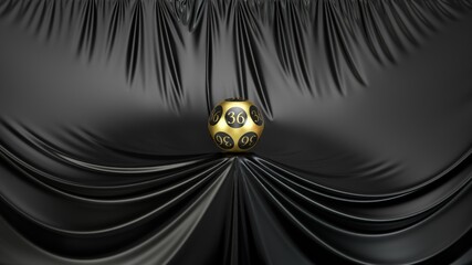 golden lottery ball on black silk platform. 3D illustration. suitable for lottery, bingo and luck themes.