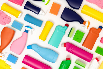 Cleaning products on white background