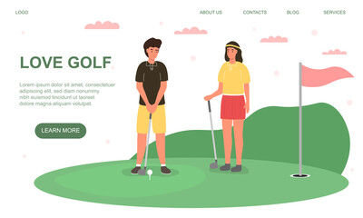 Young man and woman playing golf. Flat vecrtor illustration. Web page template