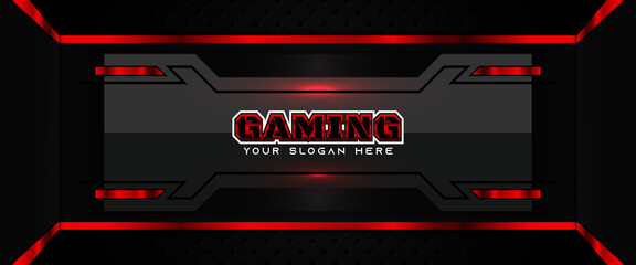 Futuristic red and black abstract gaming banner design template with metal technology concept. Vector illustration for business corporate promotion, game header social media, live streaming background