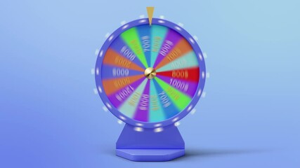 Rotating colorful wheel of luck or fortune. Front view, roulette fortune spinning wheels, casino wheel. Colorful Wheel fortune with alpha channel. 3840x2160 4K 3D animation