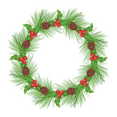 Fototapeta na wymiar Christmas wreath of pine needles, cones and holly berry isolated on white background. Vector illustration in cartoon flat style. Round frame