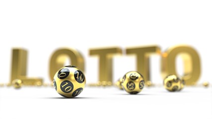golden lottery balls with text on background. 3D illustration. suitable for lottery, bingo and luck themes.