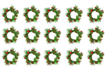 A collage of wreaths made of spruce branches, a symbol of Christmas and new year.