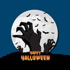 Happy Halloween banner or party invitation background with clouds, bats and pumpkins. Vector illustration. sky, spiders web.