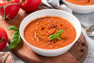 Gazpacho - Spanish cold tomato soup. Mediterranean cuisine, vegetarian and vegan food. Real homemade gazpacho made from tomatoes, peppers and cucumbers.