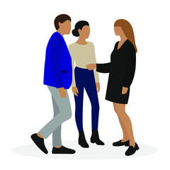 Fototapeta premium Male character and two female characters communicate on a white background