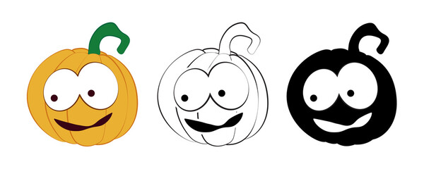 Set pumpkin on a white background. Halloween holiday symbol. Orange pumpkin with a smile and other emotions for your design. Vector illustration.