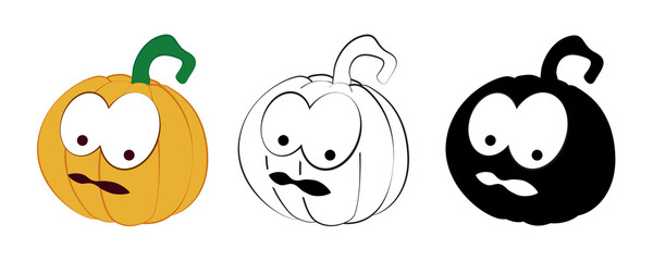 Fototapeta premium Set pumpkin on a white background. Halloween holiday symbol. Orange pumpkin with a smile and other emotions for your design. Vector illustration.