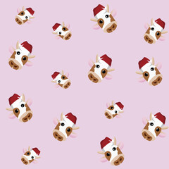 Naklejka premium Nice ladybug. The face of a cow in a New Year's cap on a pink background pattern. Suitable for covers, cases, backgrounds, backgrounds. bull of 2021. Horoscope, Zodiac. Vector illustration