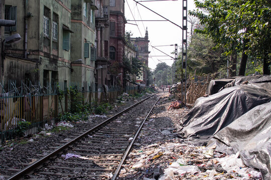 Railroad tracks in the slums of Kolkata, India