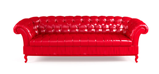 Red quilted leather sofa isolated on white background front view. Template for advertising, design,...
