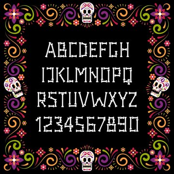 Dia de muertos bone font and festive flower frame. Day of dead abc. Halloween alphabet. Vector illustration.
