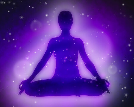 Human energy body, aura, in lotus meditation pose. Deep outer space in background, digital illustration