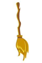 Big yellow broom with long wooden handle isolated on white. Harry Potter's Magic broom. Witch's broom, witching attribute of flight, household implement from dirt. Halloween vector illustration.	