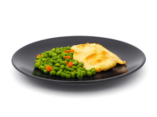 Cooked chicken breast with green peas isolated on white background